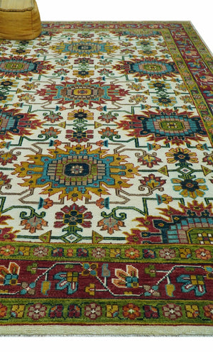 Custom Made Ivory And Maroon Traditional Floral Motifs Design Hand Knotted Wool Rug