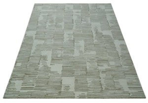 Custom Made Ivory and Olive Modern Design Hand Tufted Wool Rug