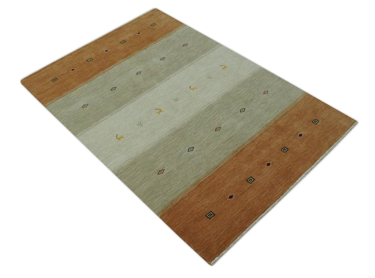 Custom Made Ivory, Beige and Rust Geometrical stripes Design Hand loom Wool Area Rug