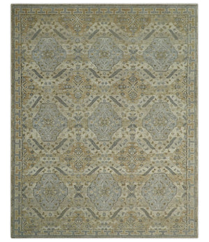 Custom Made Ivory, Brown and Blue Traditional Hand Knotted Wool Area Rug