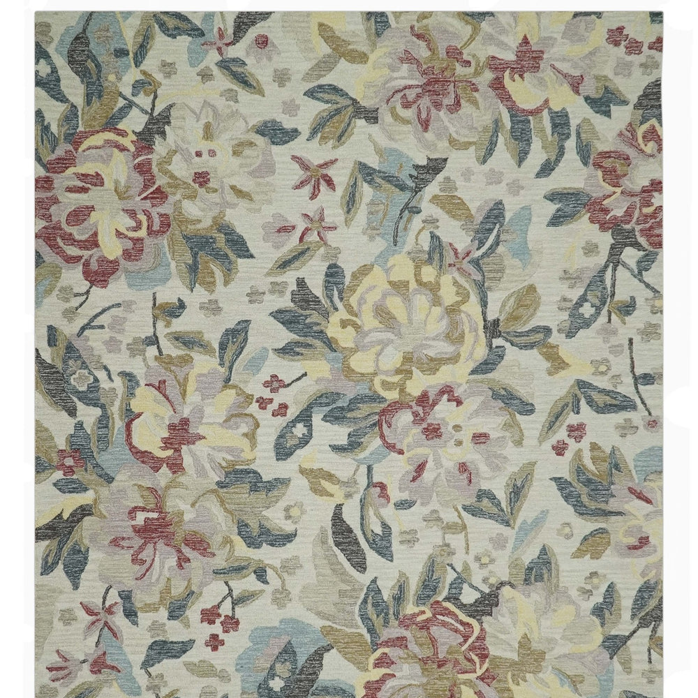 Custom Made Ivory, Charcoal and Olive Floral Design Colorful Hand Tufted wool rug