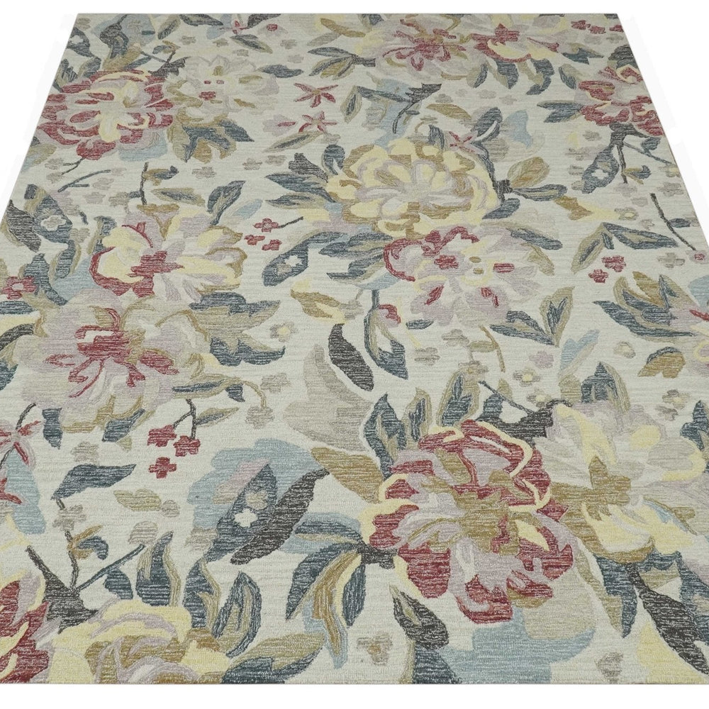 Custom Made Ivory, Charcoal and Olive Floral Design Colorful Hand Tufted wool rug