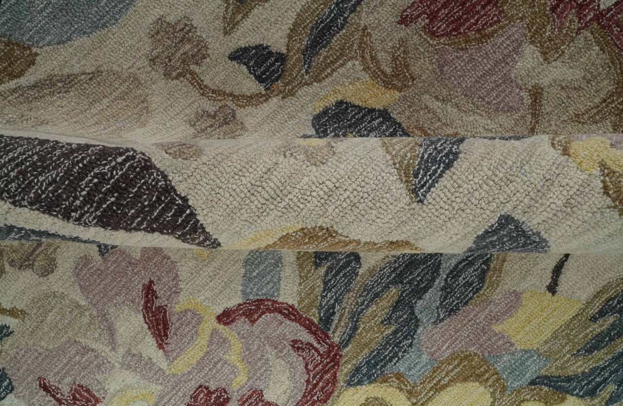Custom Made Ivory, Charcoal and Olive Floral Design Colorful Hand Tufted wool rug