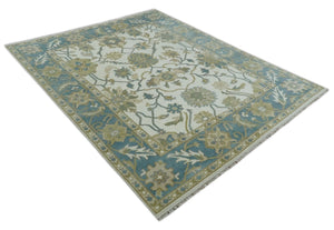 Custom Made Ivory, Gray and Beige Floral Hand Knotted Traditional Oushak Wool Rug