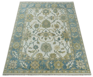 Custom Made Ivory, Gray and Beige Floral Hand Knotted Traditional Oushak Wool Rug