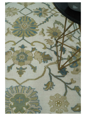 Custom Made Ivory, Gray and Beige Floral Hand Knotted Traditional Oushak Wool Rug