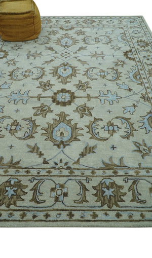Custom Made Ivory, Taupe and Aqua Traditional Hand Tufted wool area rug