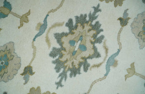 Custom Made Ivory, Teal and Beige Floral Hand Knotted Traditional Oushak Wool Area Rug