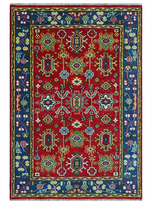 Custom Made Maroon and Blue Antique Turkish Hand Knotted Wool Area Rug