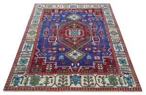 Custom Made Maroon, Blue and ivory Hand Knotted Traditional Wool Rug
