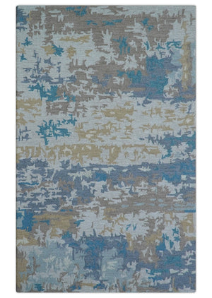 Custom Made Modern Abstract Blue And Beige Hand Tufted Wool Area Rug