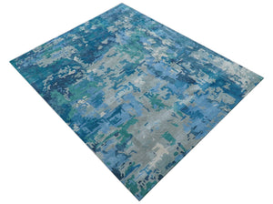 Custom Made Modern Abstract Blue Hand Tufted Wool Art-Silk Rug