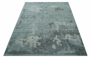 Custom Made Modern Abstract Design Blue And Gray Hand Knotted Wool Area Rug