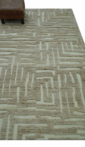 Custom Made Modern Contemporary Beige Hand Knotted Wool Area Rug