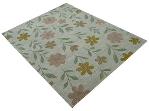 Custom Made Modern Floral Design Beige Hand Tufted Wool Area Rug