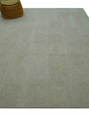 Custom Made Modern Geometrical Beige and Silver Hand Tufted Natural Wool Area Rug