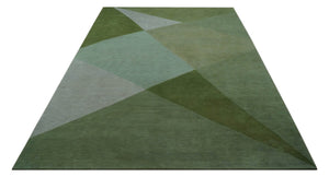 Custom Made Modern Geometrical Design Green And Gray Hand knotted wool Area Rug