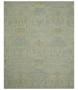 Custom Made Modern Ikat Design Beige And Blue Hand Knotted Wool Area Rug