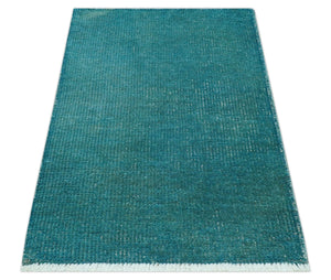 Custom Made Modern Solid Overdyed Blue Hand Knotted Wool Area Rug