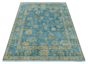Custom Made Oushak Hand Knotted Blue and Beige Traditional Wool Rug