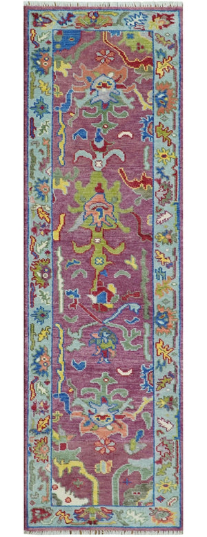 Custom Made Oushak Pink And Blue Runner Hand Knotted Wool Rug
