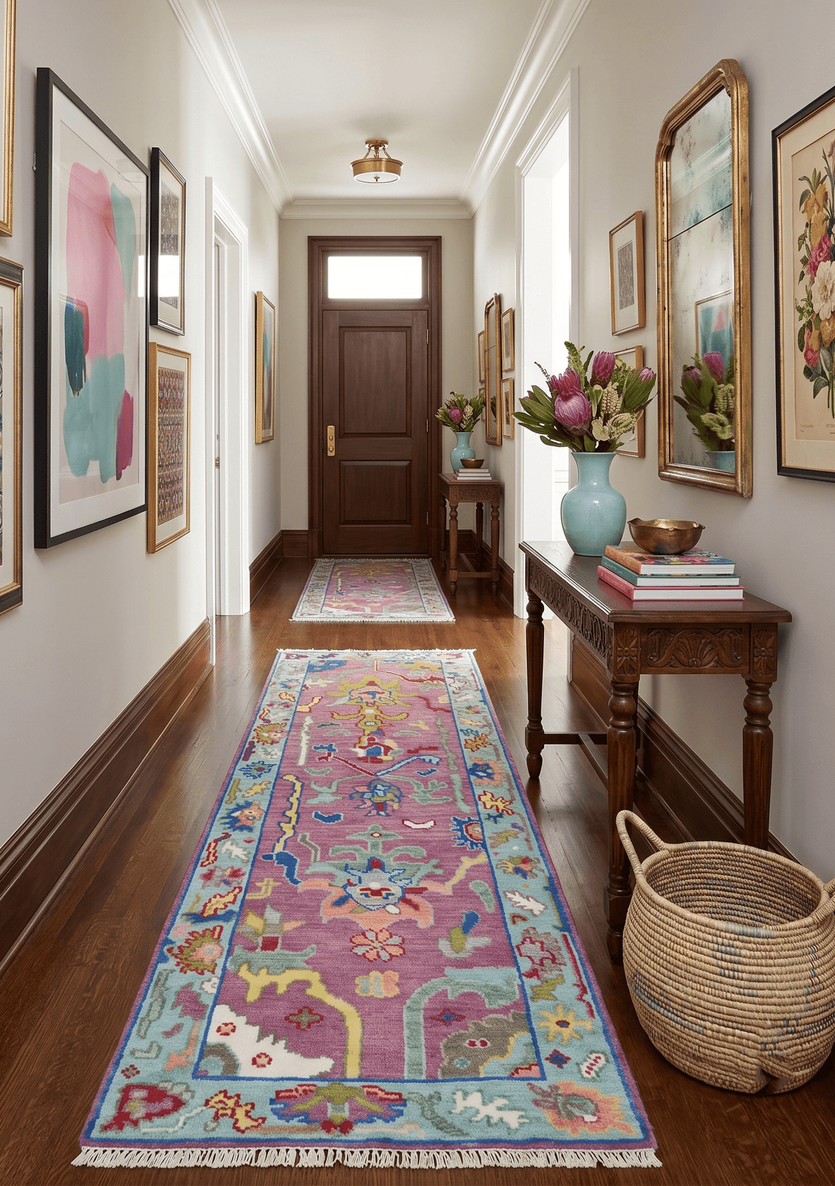 Custom Made Oushak Pink And Blue Runner Hand Knotted Wool Rug