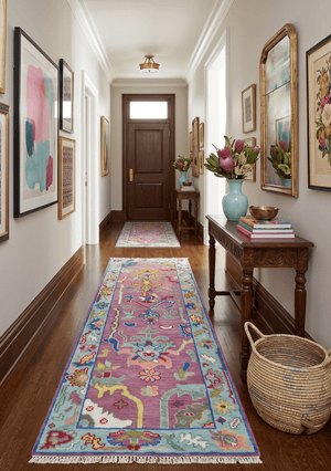 Custom Made Oushak Pink And Blue Runner Hand Knotted Wool Rug
