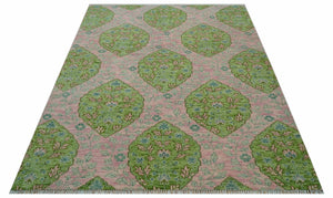 Custom Made Pink And Green Traditional Floral Motifs Design Hand Knotted wool area rug