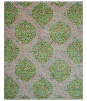 Custom Made Pink And Green Traditional Floral Motifs Design Hand Knotted wool area rug