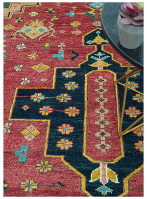 Custom Made Red And Green Traditional Heriz Design Hand Knotted Wool Rug