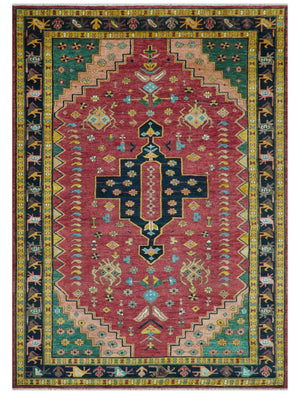 Custom Made Red And Green Traditional Heriz Design Hand Knotted Wool Rug