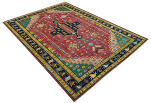 Custom Made Red And Green Traditional Heriz Design Hand Knotted Wool Rug