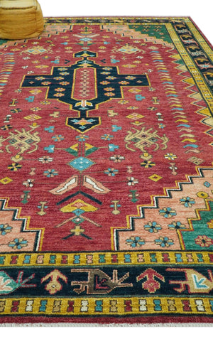 Custom Made Red And Green Traditional Heriz Design Hand Knotted Wool Rug