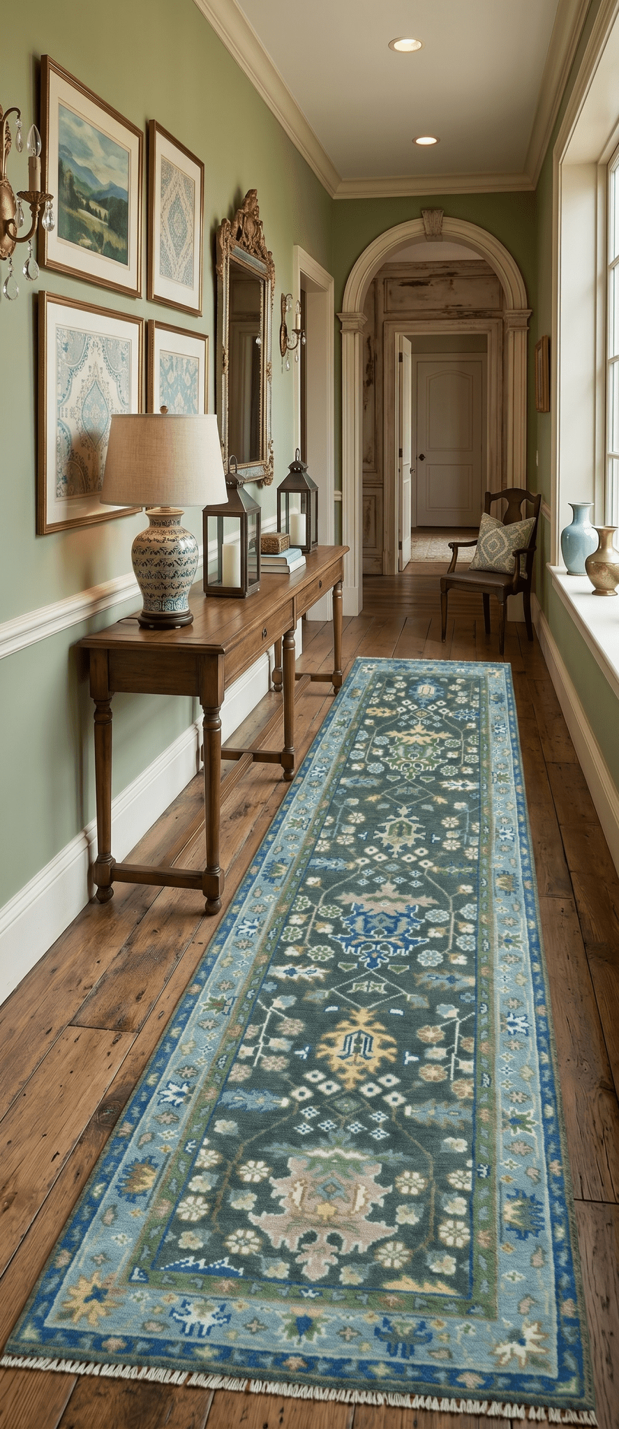 Custom Made Runner Charcoal, Green And Blue Turkish Design Hand Knotted Wool Rug