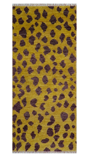 Custom Made Runner Leopard Design Mustard Hand Knotted Wool Rug