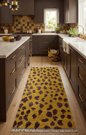 Custom Made Runner Leopard Design Mustard Hand Knotted Wool Rug