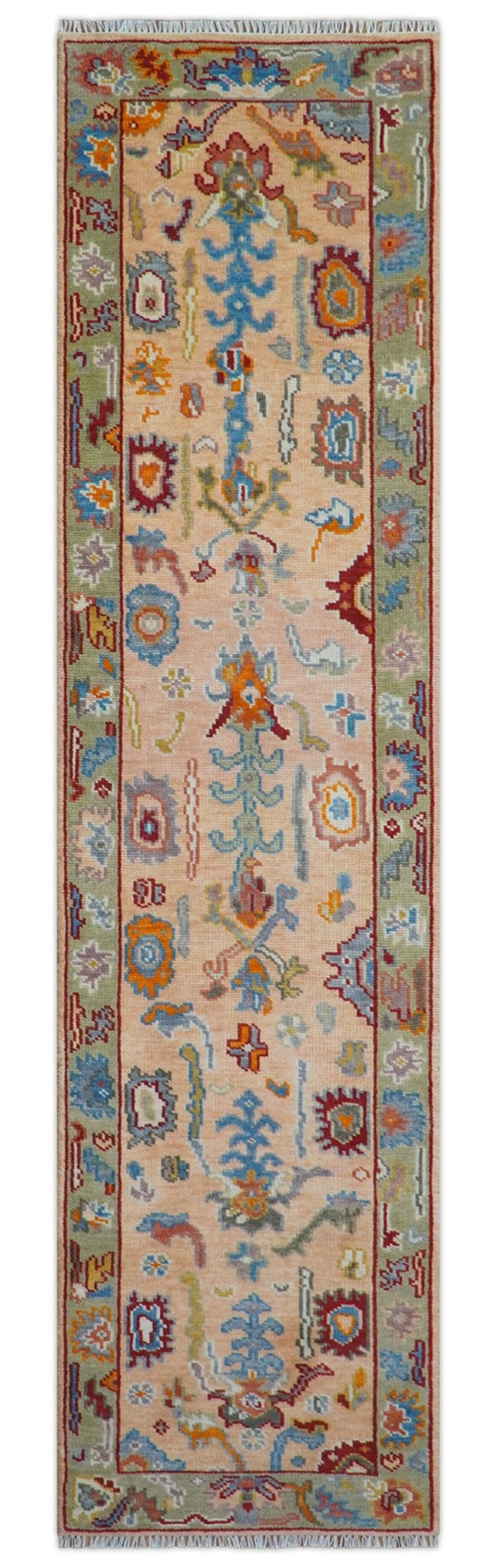 Custom Made Runner Oushak Peach And Green Wool Rug