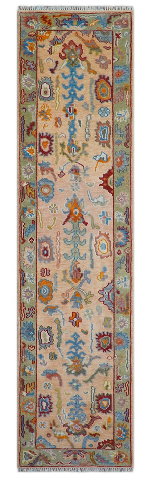 Custom Made Runner Oushak Peach And Green Wool Rug