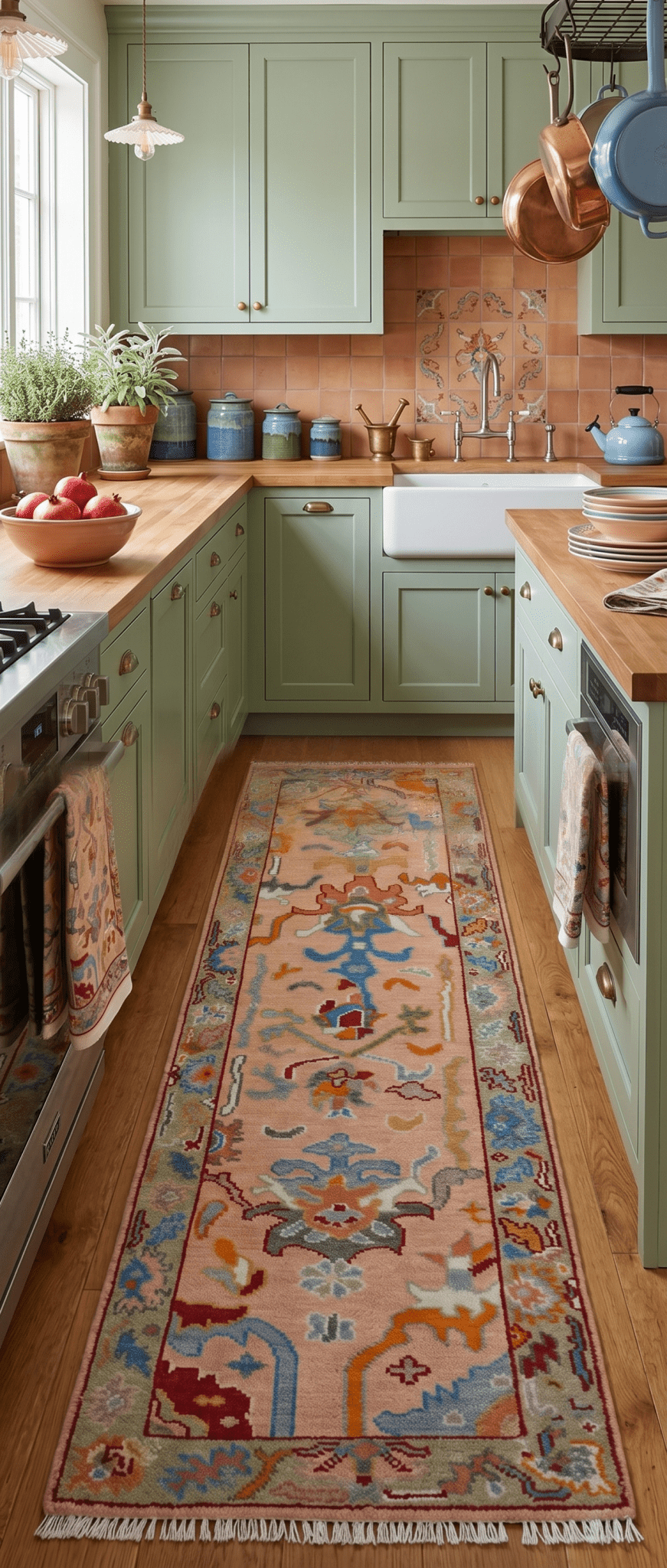 Custom Made Runner Oushak Peach And Green Wool Rug