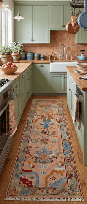 Custom Made Runner Oushak Peach And Green Wool Rug