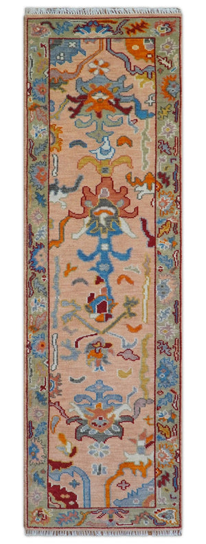 Custom Made Runner Oushak Peach And Green Wool Rug