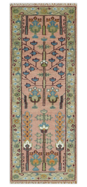 Custom Made Runner Rug Pink And Olive Tree of life Hand Knotted