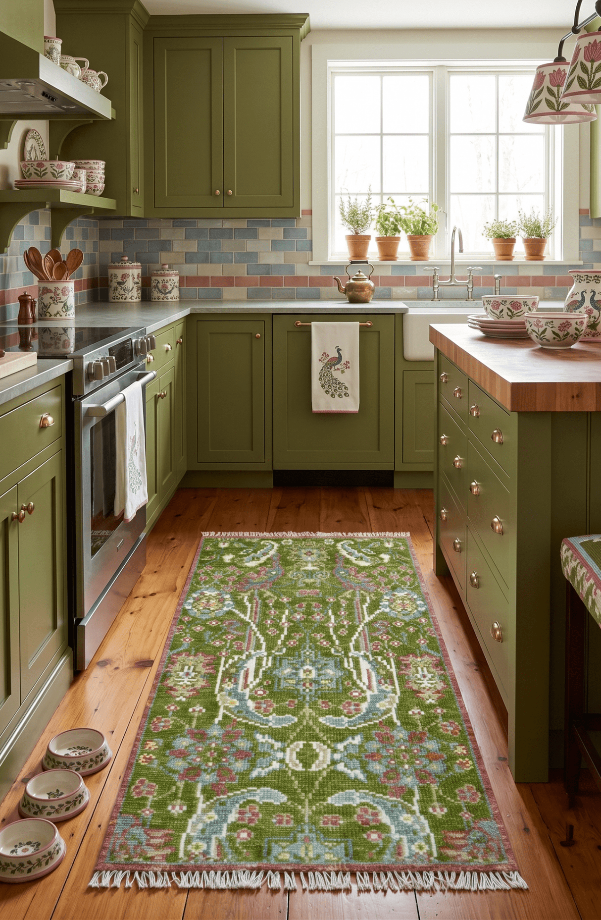 Custom Made Runner The Peacock Garden Green Hand Knotted Wool Rug
