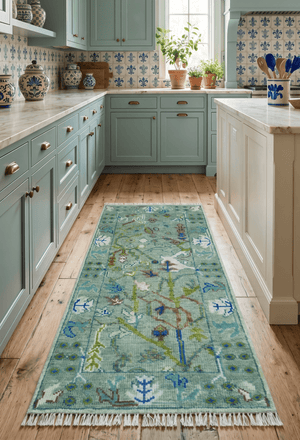 Custom Made Runner The Plants and Roots Green Hand Knotted Wool Rug