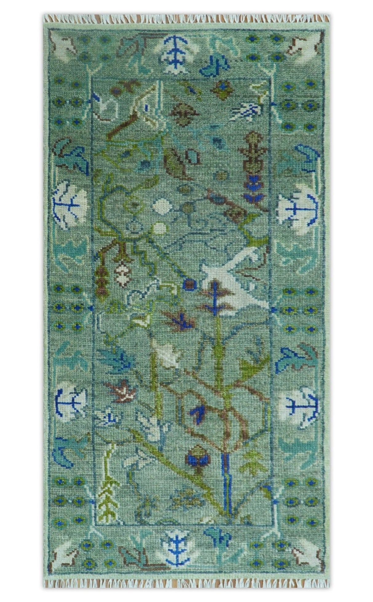 Custom Made Runner The Plants and Roots Green Hand Knotted Wool Rug