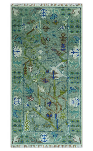 Custom Made Runner The Plants and Roots Green Hand Knotted Wool Rug