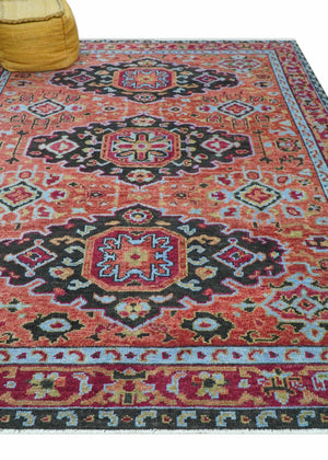 Custom Made Rust And Black Traditional Medallions Design Hand Knotted Wool Rug