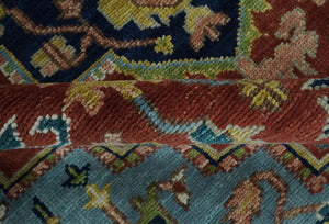 Custom Made Rust and Blue Traditional Medallion Hand Knotted Wool Area Rug