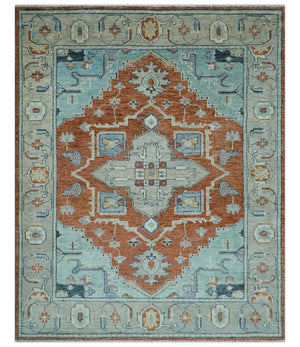 Custom Made Rust And Blue Traditional Serapi Design Hand Knotted Wool Rug