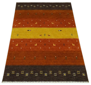 Custom Made Rust, Brown, Gold and Charcoal Geometrical Stripes Design wool area rug